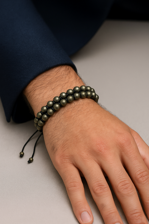 Pyrite 6mm Double Row Macrame Natural Stone Bracelet