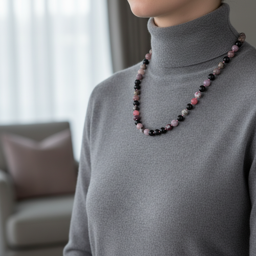 Renkli Turmalin 8 mm Düğümlü Doğal Taş Kolye