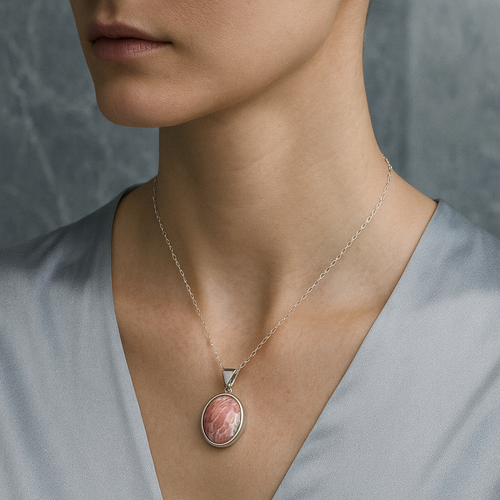 Rodokrozit Doğal Taş 925 Ayar Gümüş Kolye