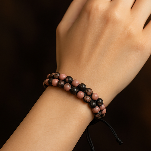 Rhodonite 6mm Double Row Macrame Natural Stone Bracelet