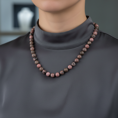 Rodonit 8 mm Düğümlü Doğal Taş Kolye