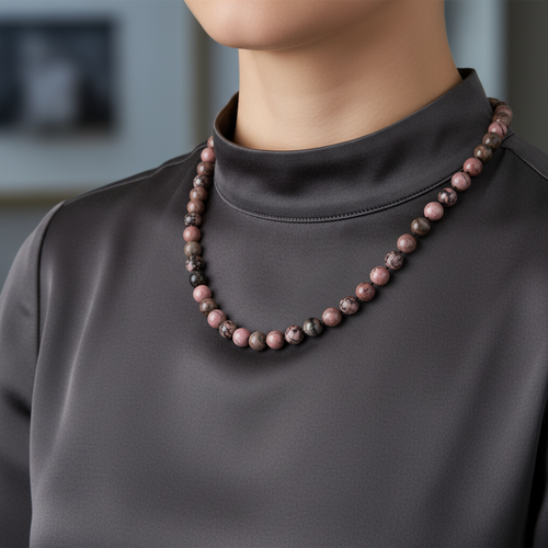 Rodonit 8 mm Düğümlü Doğal Taş Kolye