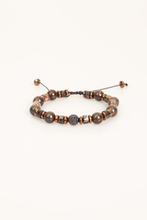 Rodonit - Bronzit - Hematit Doğal Taş Zirkon Aparatlı Makrome Bileklik