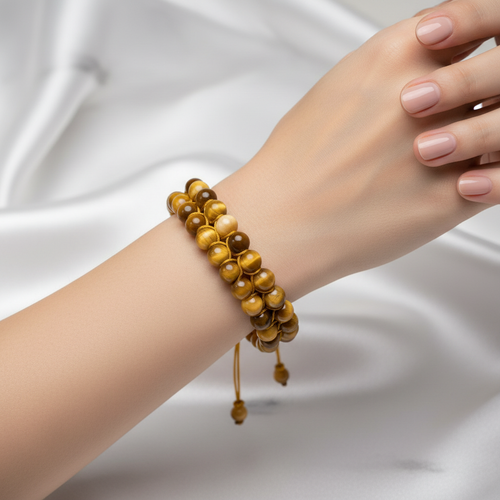 Sarı Kaplan Gözü Doğal Taş Çift Sıra Makrome Bileklik 8 mm