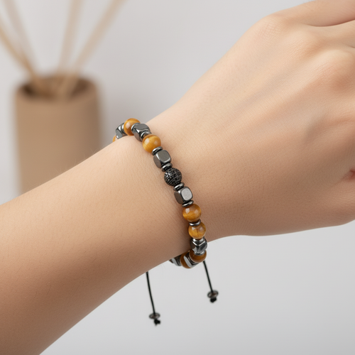 Sarı Kaplan Gözü - Hematit Doğal Taş Makrome Bileklik