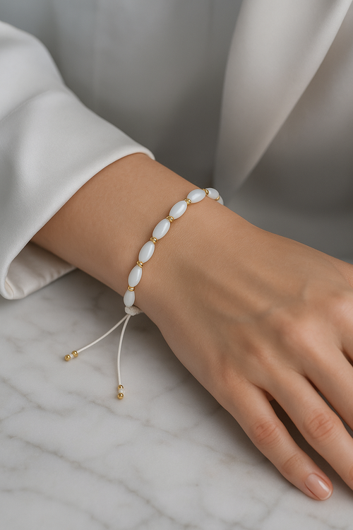 Sedef Doğal Taş Makrome Örme Bileklik Mercimek Kesim