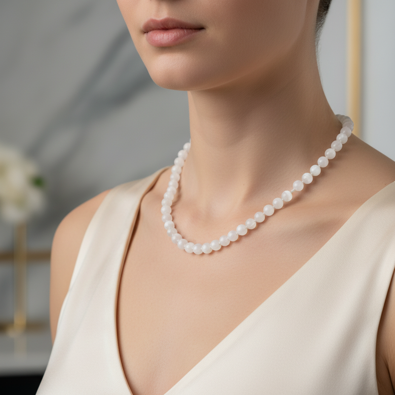 Selenit 8 mm Düğümlü Doğal Taş Kolye - Görsel 2 - Safnaturel