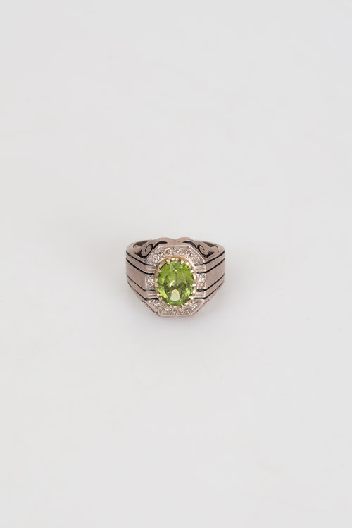 Certified 3.65 ct Natural Chrysolite and 0.27 ct Diamond Stone 925 Sterling Silver Ring