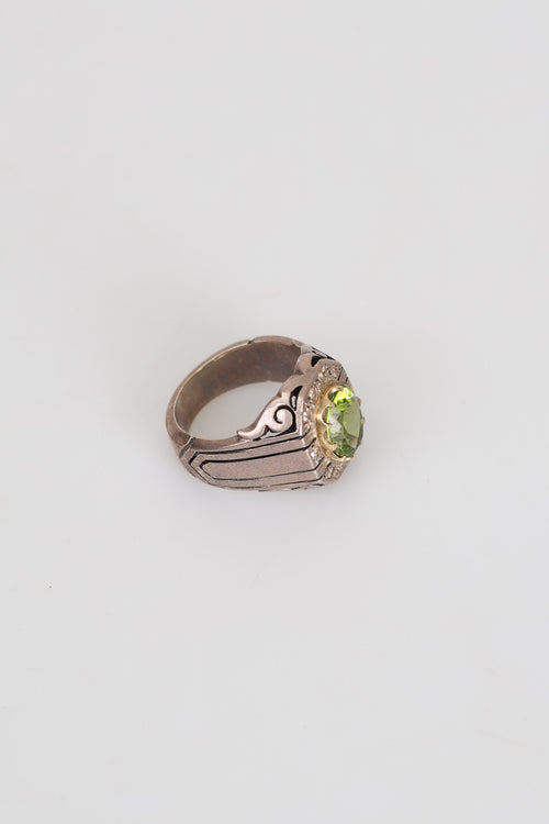 Certified 3.65 ct Natural Chrysolite and 0.27 ct Diamond Stone 925 Sterling Silver Ring