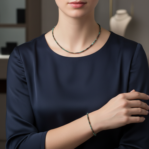 Sertifikalı Afrika Turkuaz Doğal Taş Kolye ve Bileklik Takımı 3-4 mm