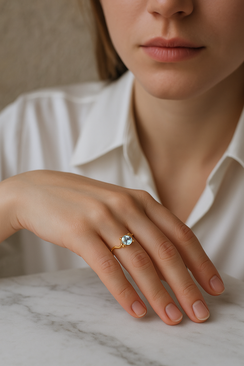 Sertifikalı Akuamarin Doğal Taş 925 Ayar Gümüş Yüzük ( Altın Kaplama )