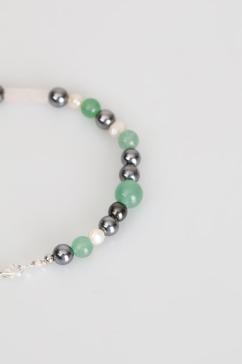 Sertifikalı Aventurin - Hematit - İnci Doğal Taş Gümüş Kapama Tasarım Bileklik