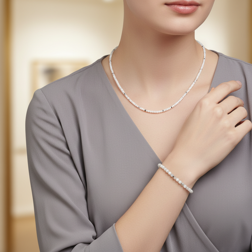 Sertifikalı Ay Taşı Doğal Taş Kolye ve Bileklik Takımı 3-4 mm