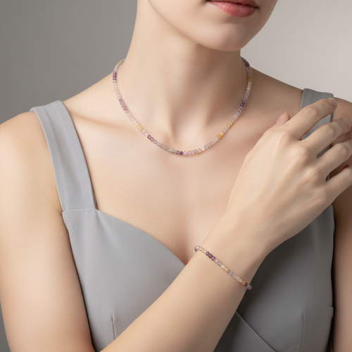 Sertifikalı Florit Doğal Taş Kolye ve Bileklik Takımı 3-4 mm