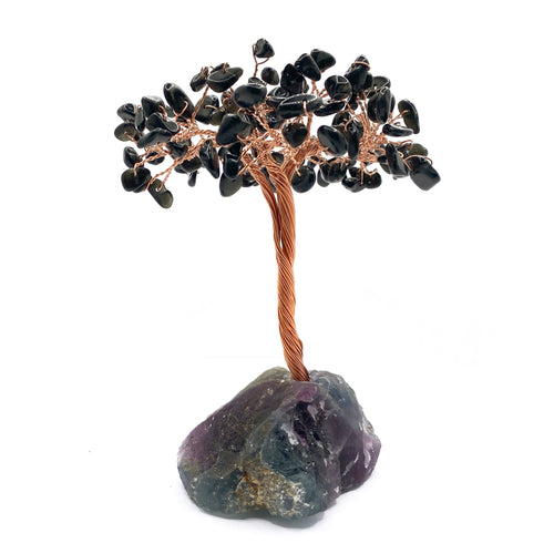 Sertifikalı Hakiki Orijinal Doğal Taş Obsidyen Ağaç - Alt Kısmı Mor Florit