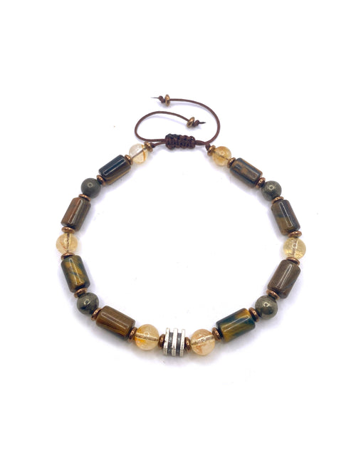 Sertifikalı Hakiki Orijinal Kaplan Gözü - 6mm Sitrin - Pirit - Hematit Doğal Taş İpli Ayarlanabilir Bileklik