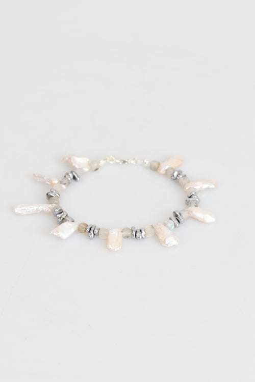 Sertifikalı İnci - Labradorit - Hematit Doğal Taş Gümüş Kapama Bileklik (Yeni Yaz Sezonu)