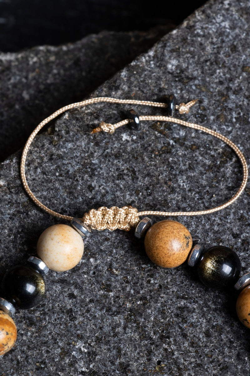 Sertifikalı Jasper, Obsidyen, Hematit Doğal Taş Makrome Bileklik