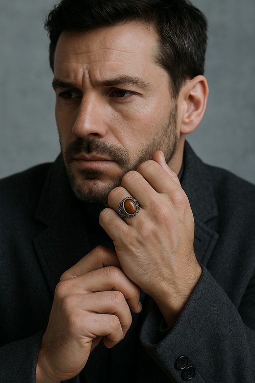 Sertifikalı Kaplan Gözü Doğal Taş 925 Ayar Gümüş Erkek Yüzük