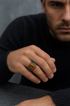 Sertifikalı Kaplan Gözü Doğal Taş 925 Ayar Gümüş Erkek Yüzük