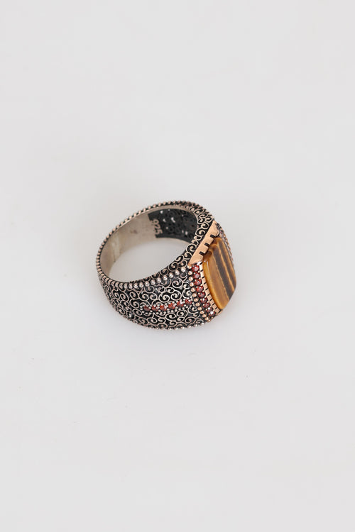 Sertifikalı Kaplan Gözü Doğal Taş 925 Ayar Gümüş Erkek Yüzük