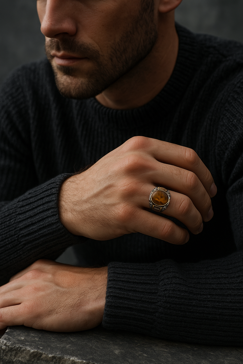 Sertifikalı Kaplan Gözü Doğal Taş 925 Ayar Gümüş Erkek Yüzük - Görsel 1 - Safnaturel