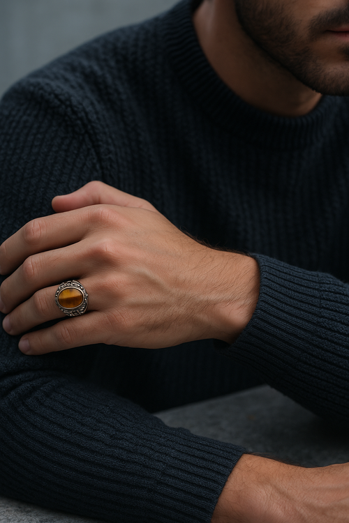 Sertifikalı Kaplan Gözü Doğal Taş 925 Ayar Gümüş Erkek Yüzük