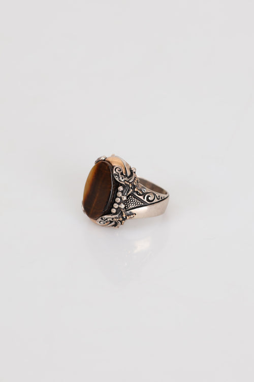 Sertifikalı Kaplan Gözü Doğal Taş 925 Ayar Gümüş Erkek Yüzük