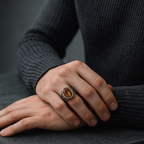 Sertifikalı Kaplan Gözü Doğal Taş 925 Ayar Gümüş Erkek Yüzük