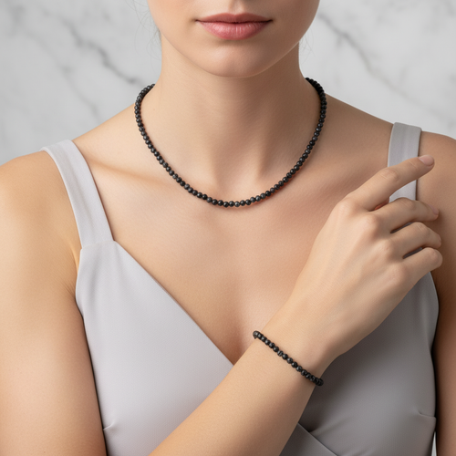 Sertifikalı Karlı Obsidyen Doğal Taş Kolye ve Bileklik Takımı 4 mm