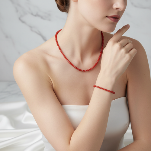 Sertifikalı Kırmızı Akik Doğal Taş Kolye ve Bileklik Takımı 4 mm