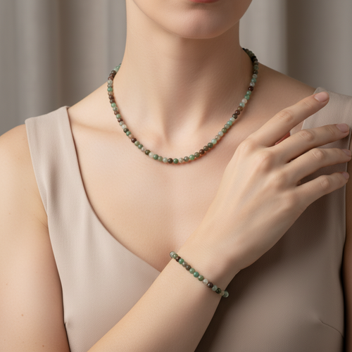 Sertifikalı Krizopras Doğal Taş Kolye ve Bileklik Takımı 4 mm