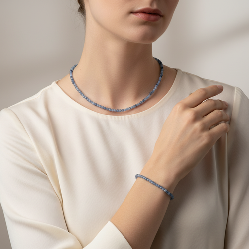 Sertifikalı Kyanit Doğal Taş Kolye ve Bileklik Takımı 4 mm