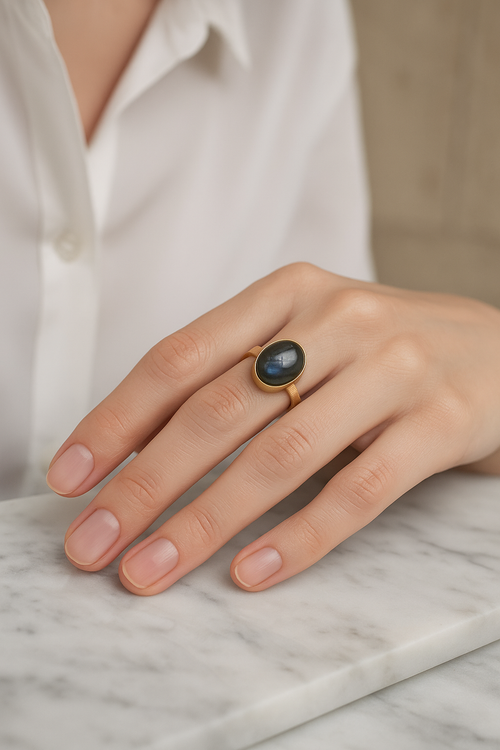 Sertifikalı Labradorit Doğal Taş 925 Ayar Gümüş Yüzük ( Altın Kaplama )