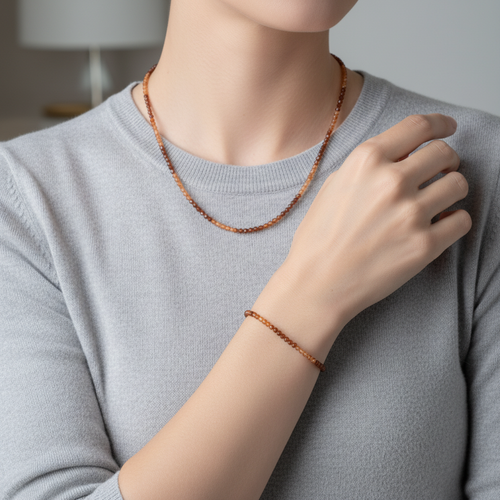 Sertifikalı Lal Hezonite Doğaltaş Kolye Bileklik Set 4 mm