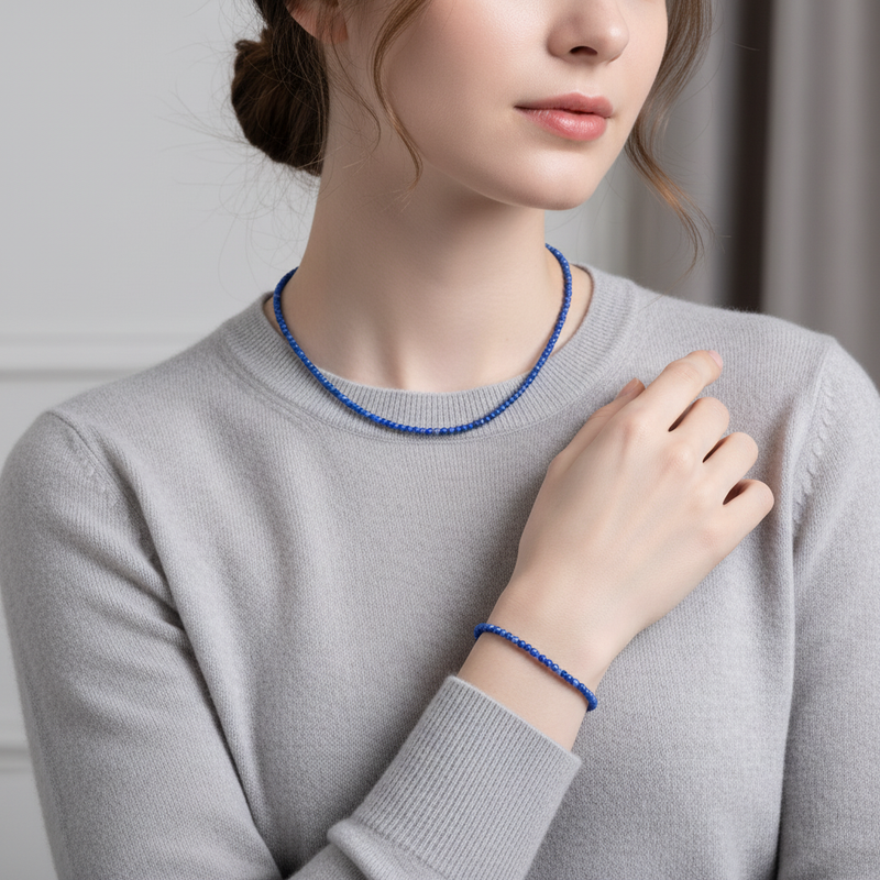 Sertifikalı Lapis Lazuli Doğal Taş Kolye ve Bileklik Takımı 4 mm - Görsel 1 - Safnaturel