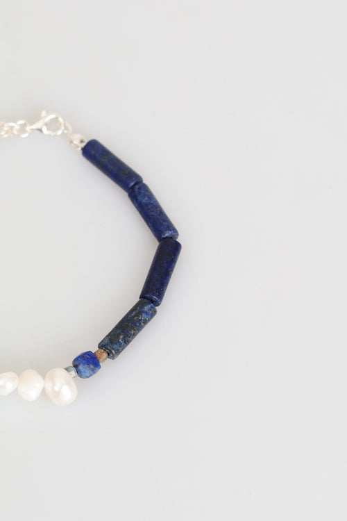 Sertifikalı Lapis Lazuli  - İnci  Doğal Taş Gümüş Kapama Bileklik (Yeni Yaz Sezonu)