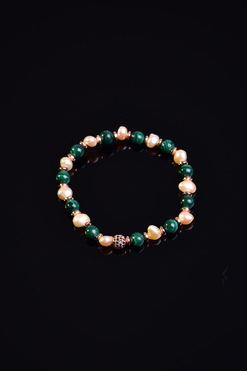Certified Malachite - Pearl - Hematite Natural Stone Design Bracelet