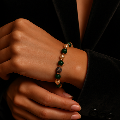 Certified Malachite - Pearl - Hematite Natural Stone Design Bracelet