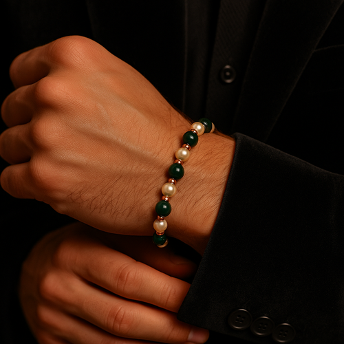 Certified Malachite - Pearl - Hematite Natural Stone Design Bracelet