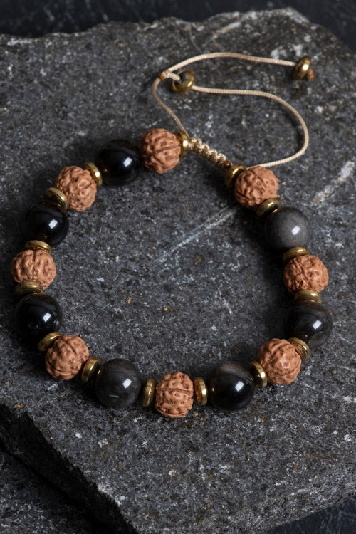 Sertifikalı Obsidyen, Rudrashka Doğal Taş Makrome Bileklik