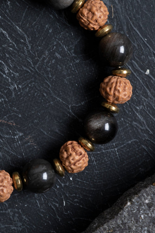 Sertifikalı Obsidyen, Rudrashka Doğal Taş Makrome Bileklik