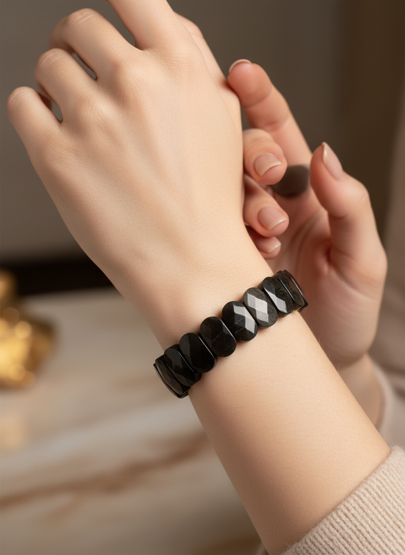 Sertifikalı Obsidyen Doğaltaş Bileklik – Özel Rolex Kesim - Görsel 2 - Safnaturel