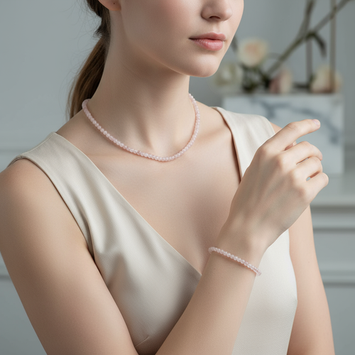 Sertifikalı Pembe Kuvars Doğal Taş Kolye ve Bileklik Takımı 3-4 mm