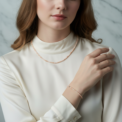 Sertifikalı Pembe Opal Doğal Taş Kolye ve Bileklik Takımı 4 mm