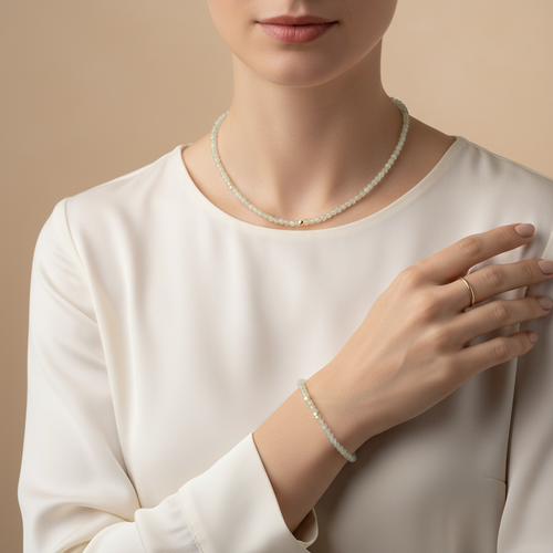 Sertifikalı Prehnit Doğal Taş Kolye ve Bileklik Takımı 4 mm