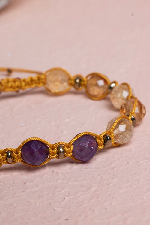 Sertifikalı Sitrin, Ametist Fasetli Doğal Taş Makrome Bileklik 