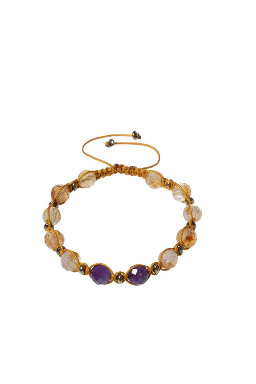 Sertifikalı Sitrin, Ametist Fasetli Doğal Taş Makrome Bileklik 