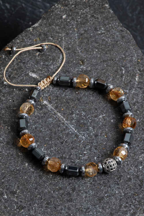 Sertifikalı Sitrin, Hematit Fasetli Doğal Taş Makrome Bileklik