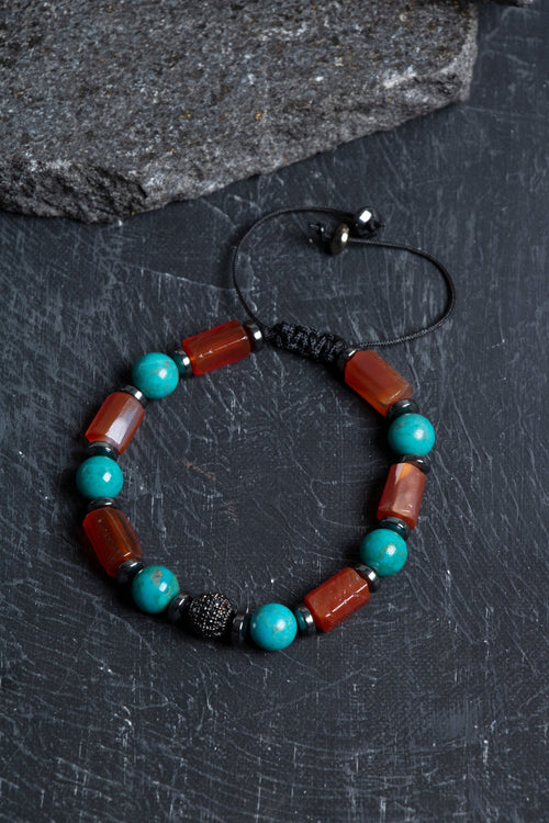 Sertifikalı Turkuaz, Akik, Hematit Zirkon Aparat Makrome Doğal Taş Bileklik